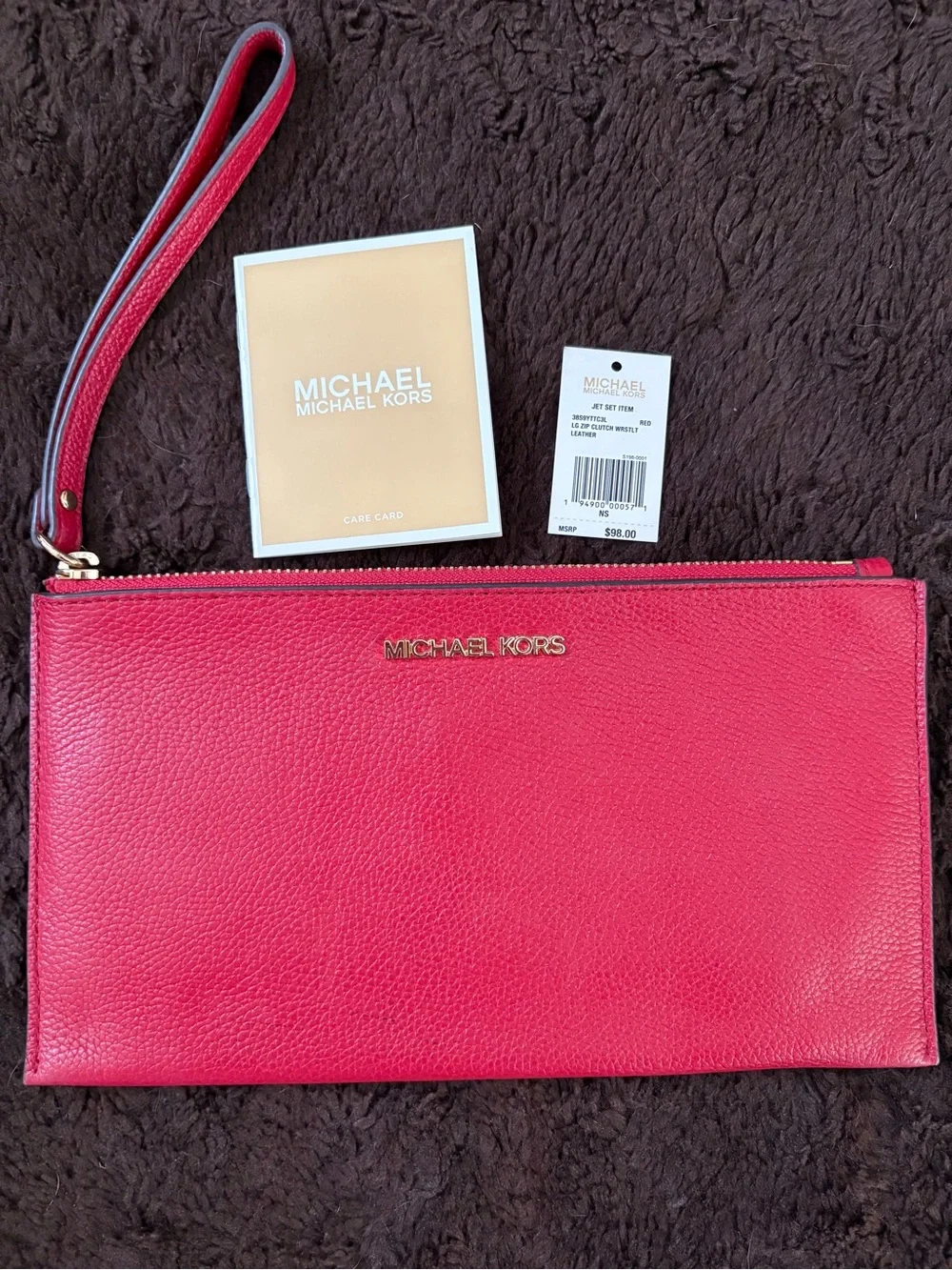 Michael Kors Red Pebbled Leather Wristlet Clutch with Gold Logo